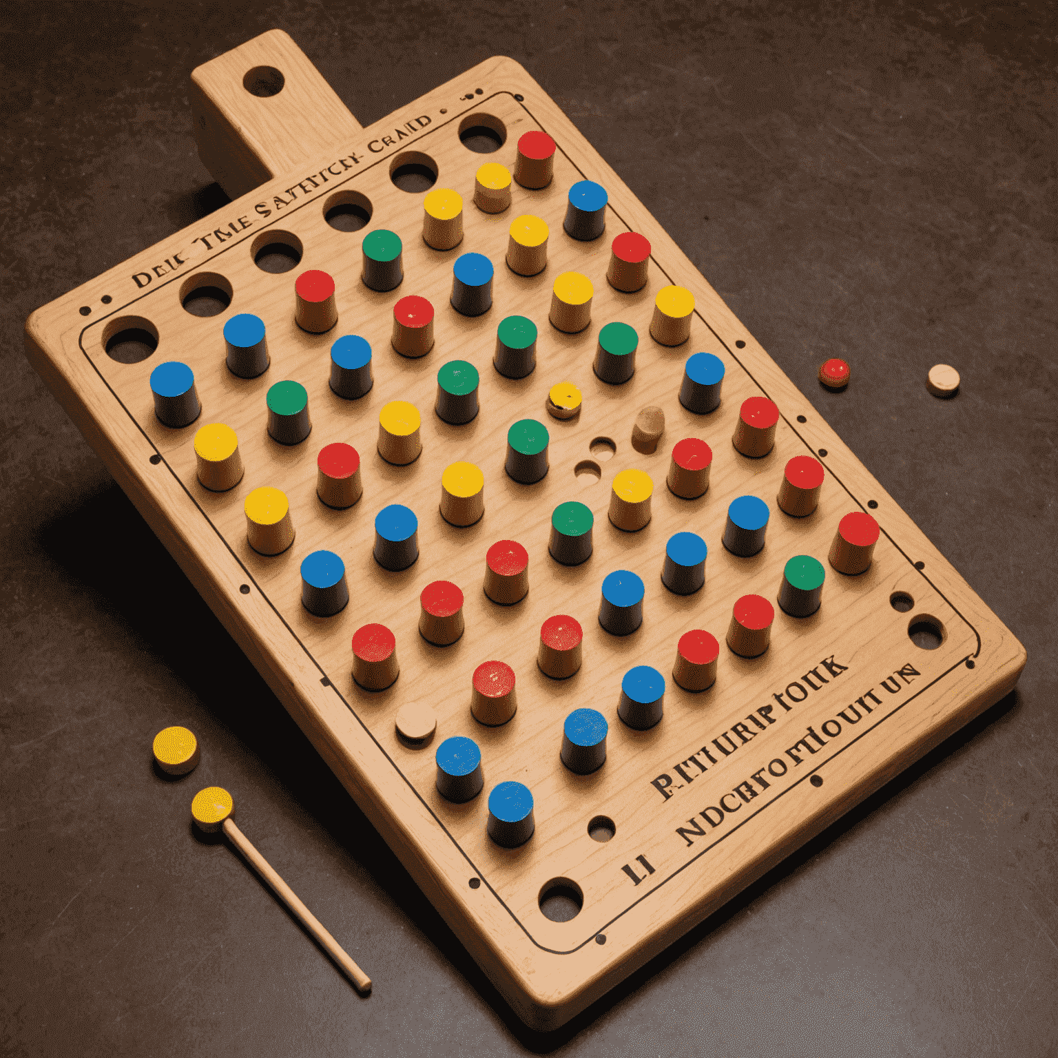 A Plinko game board with pegs and slots, ready for play. The board is angled, showing the path a chip might take as it falls.
