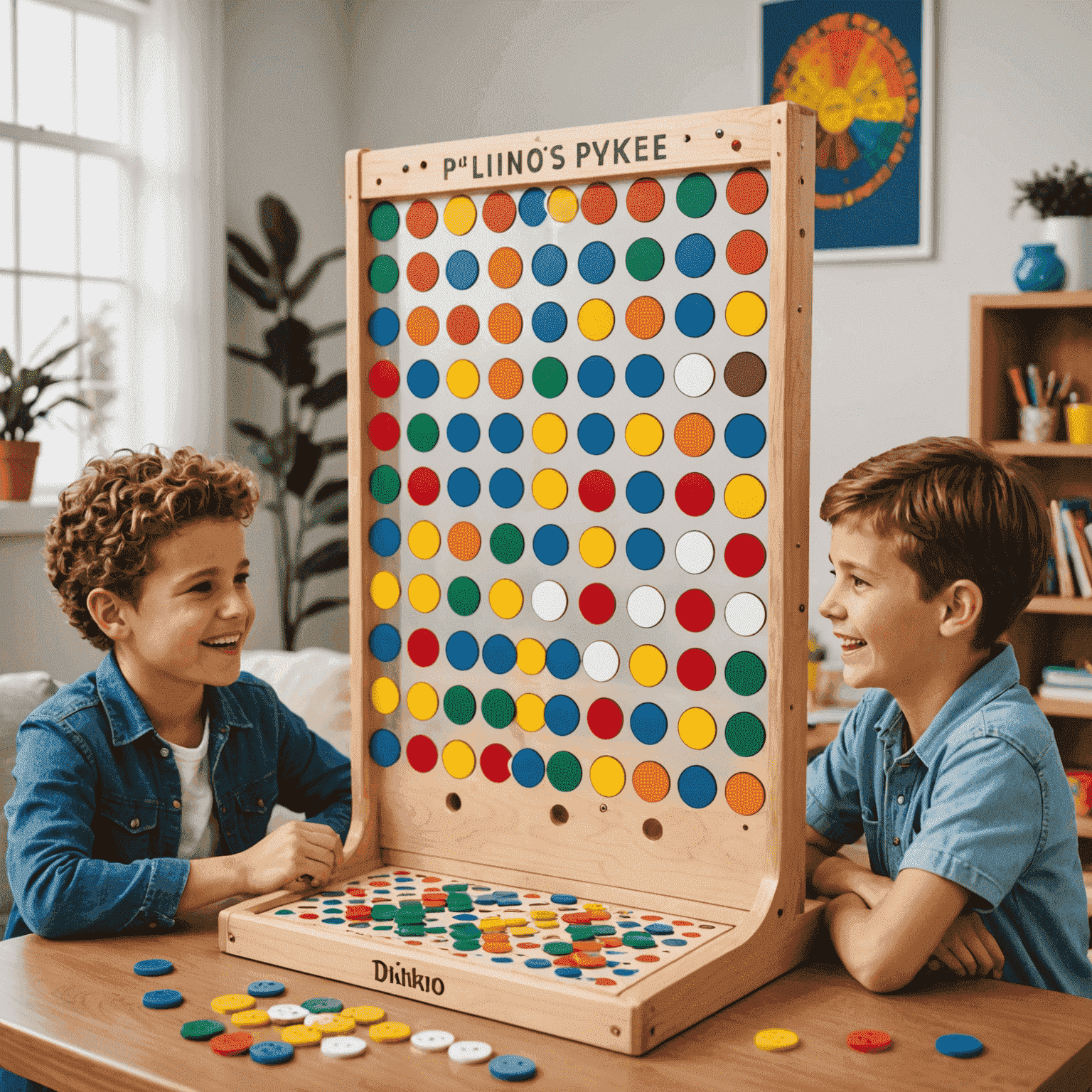 A Plinko board game set up on a table, with its distinctive pegboard, colorful discs, and prize slots at the bottom. The game is surrounded by excited family members of various ages, showcasing its appeal as a fun activity for everyone.
