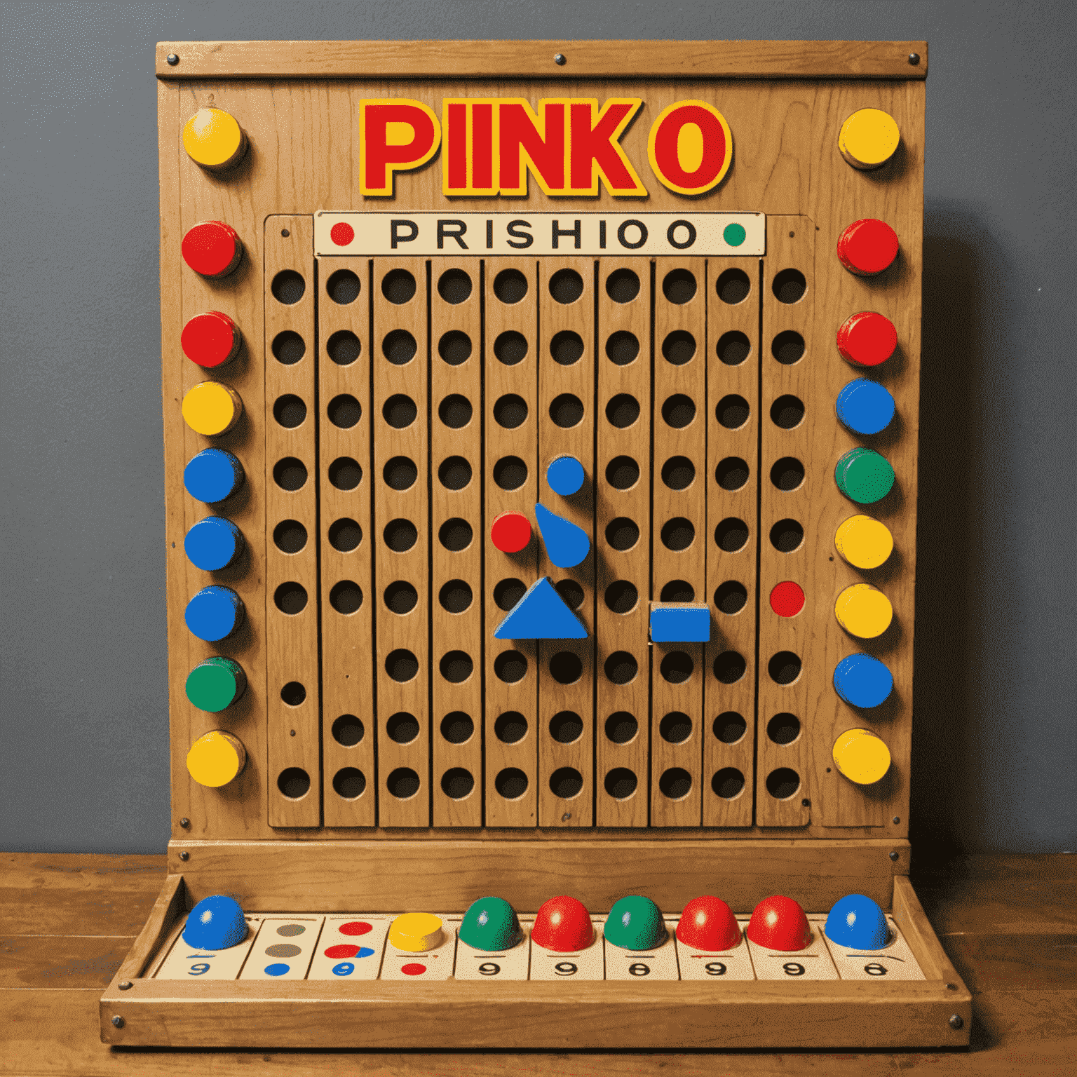 A vintage Plinko board from The Price is Right game show, featuring a large vertical board with pegs and slots at the bottom