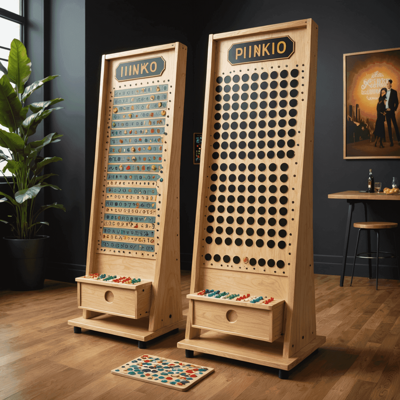 Various Plinko boards including digital screens, oversized party versions, and classic tabletop models, showcasing the diversity of Plinko variations