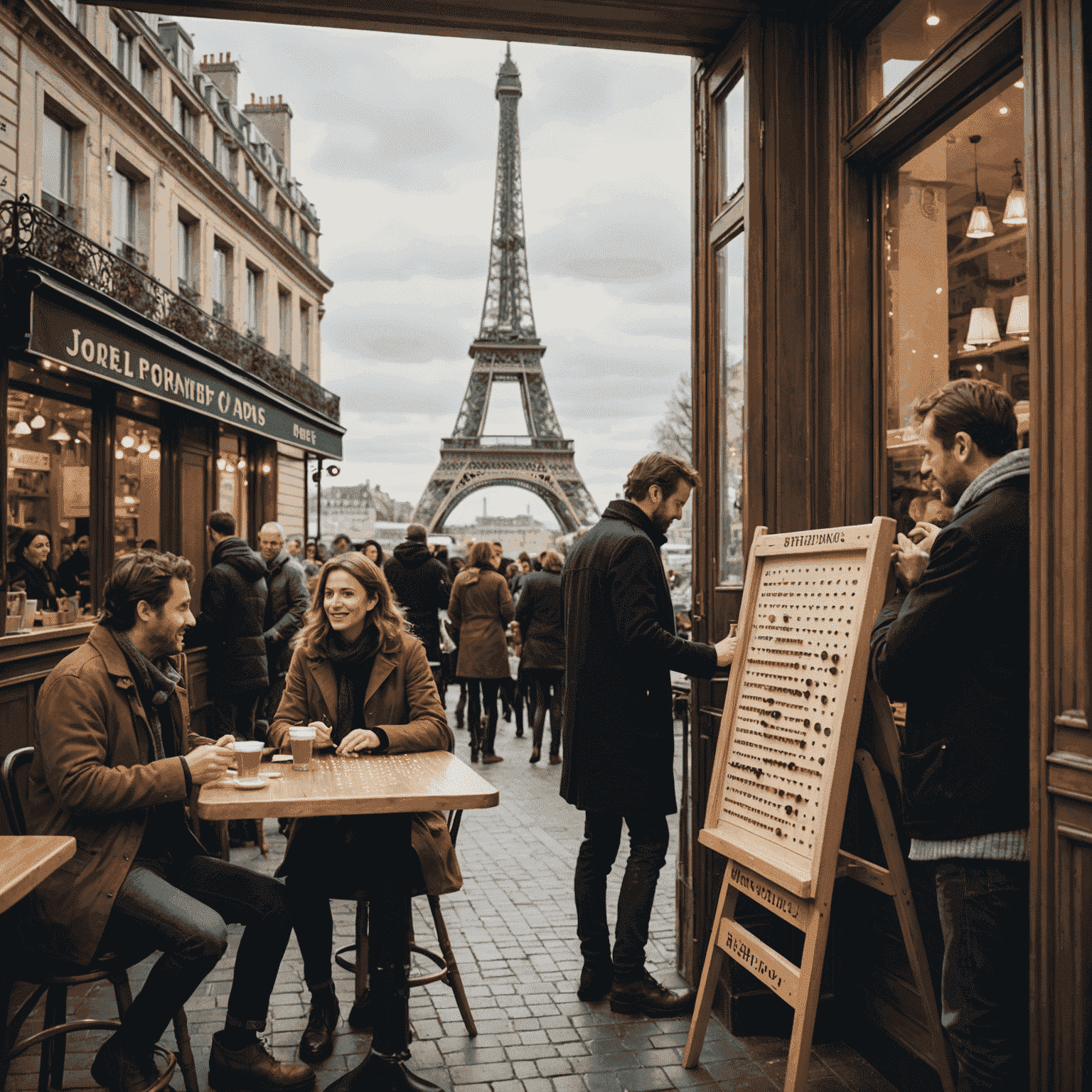 A group of French people playing Plinko in a cozy café, with the Eiffel Tower visible through the window
