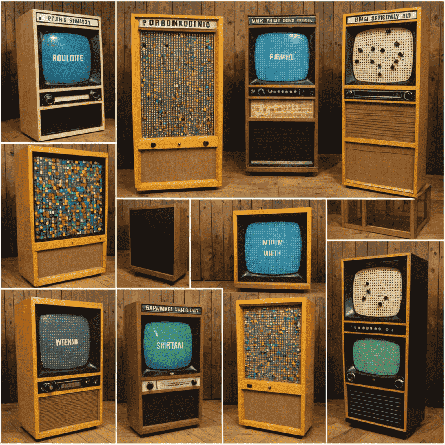 A collage of vintage Plinko game shows, featuring old TV sets, excited contestants, and retro game boards from different eras.