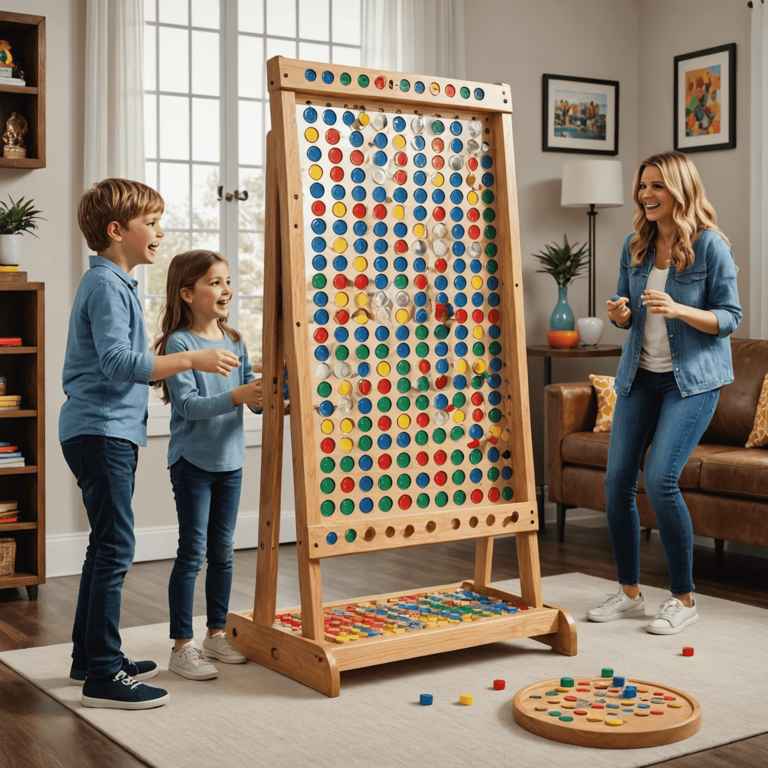 A modern family-sized Plinko board game set up in a living room, with colorful chips and excited children playing