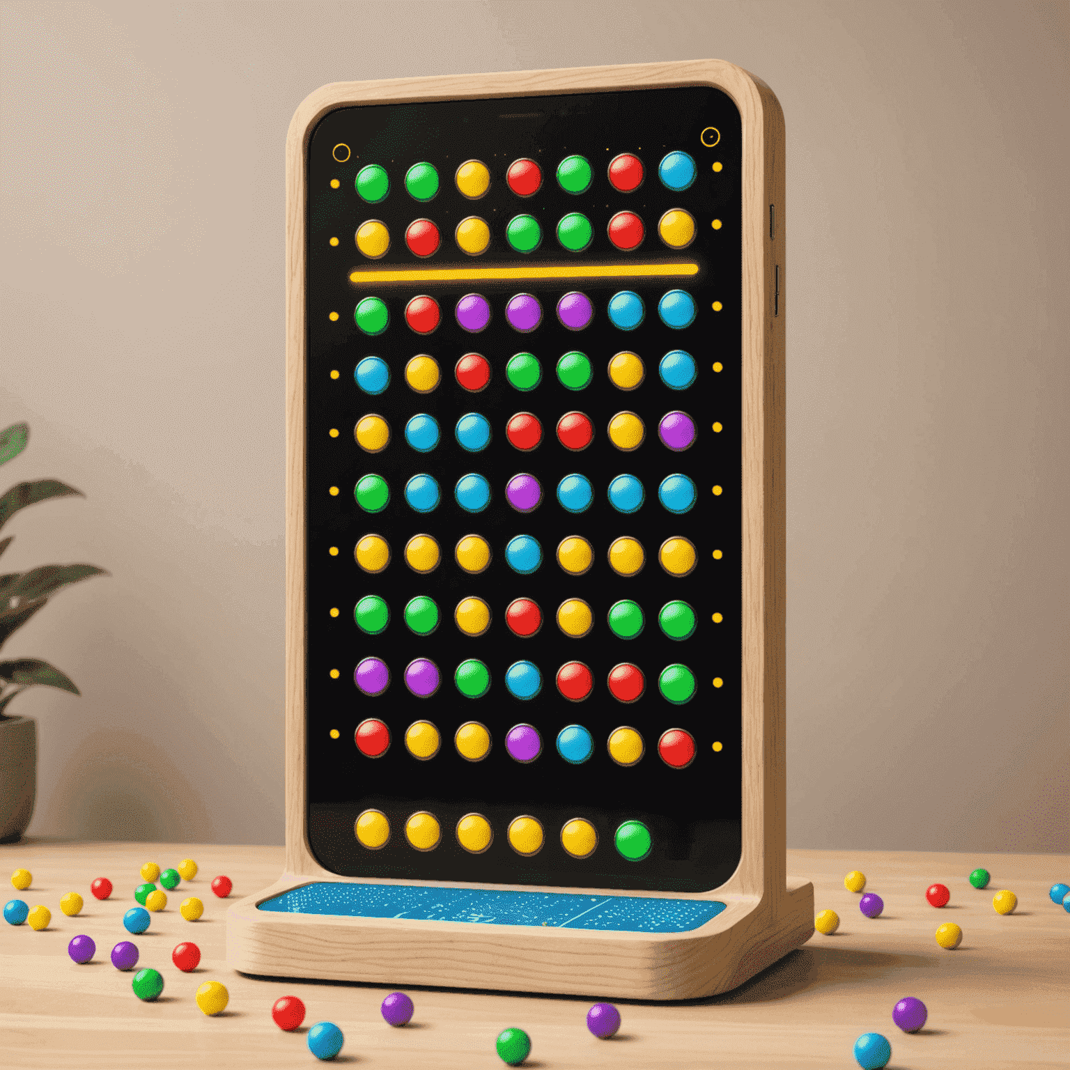 A smartphone displaying a colorful digital Plinko game with various themed levels and power-up icons