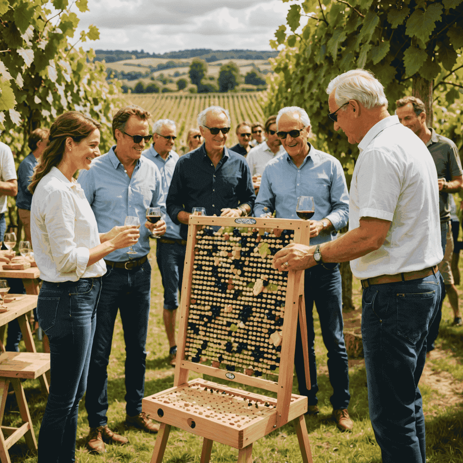 A lively Plinko tournament in progress at a French vineyard, with players and spectators enjoying wine and cheese