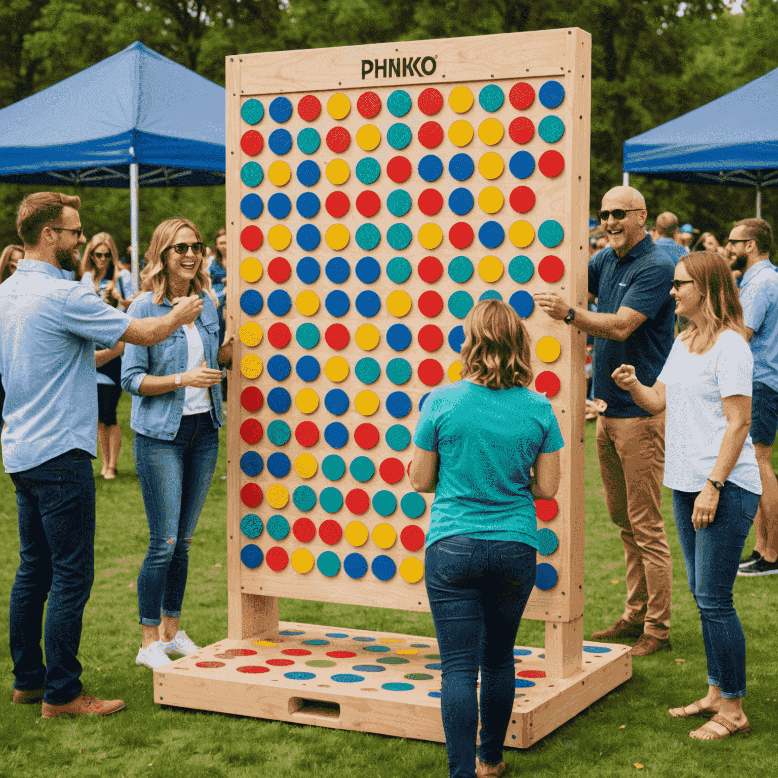 A group of people gathered around a giant Plinko board at an outdoor event, with colorful discs and excited participants