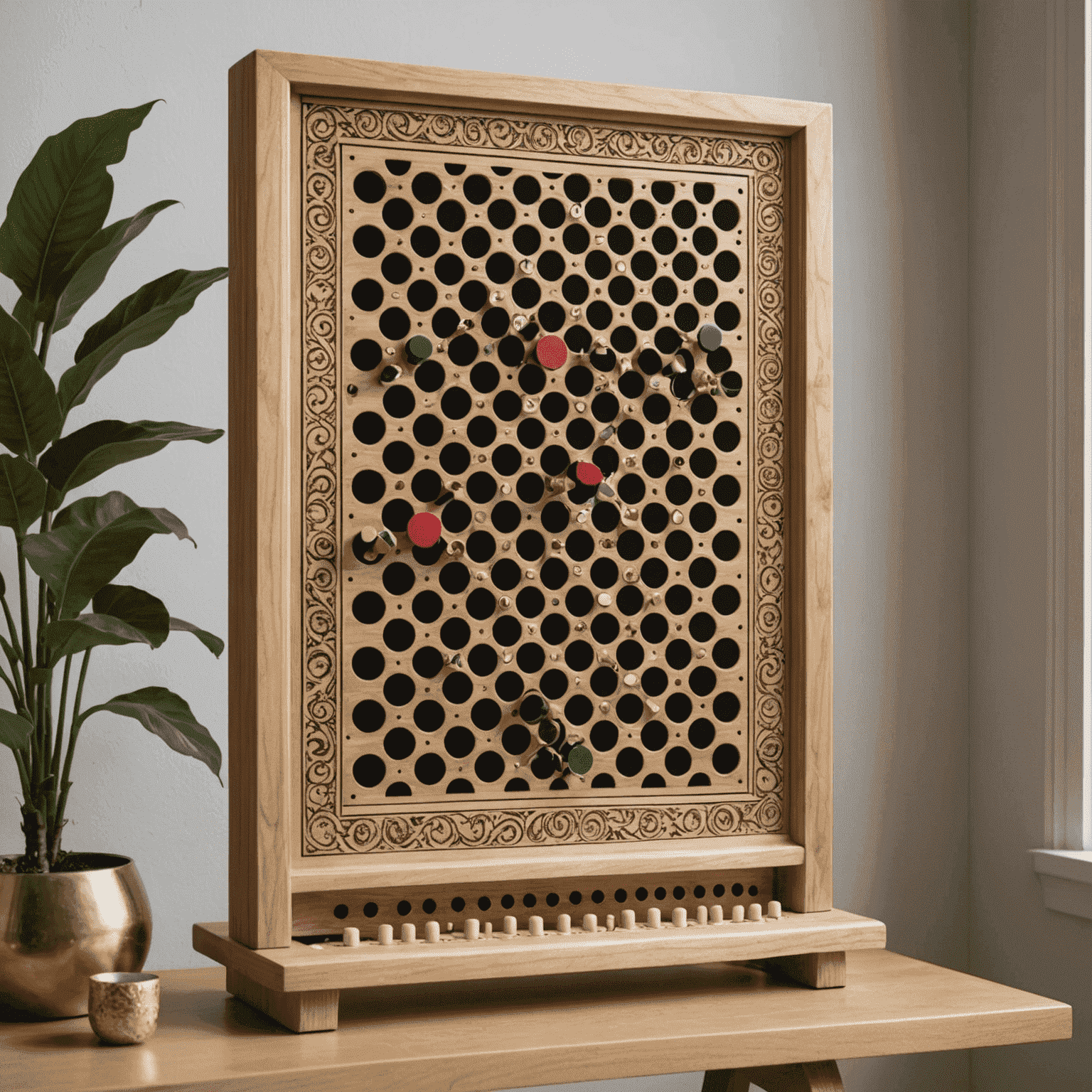 A beautifully crafted wooden Plinko board with intricate French-inspired designs, displayed in an art gallery