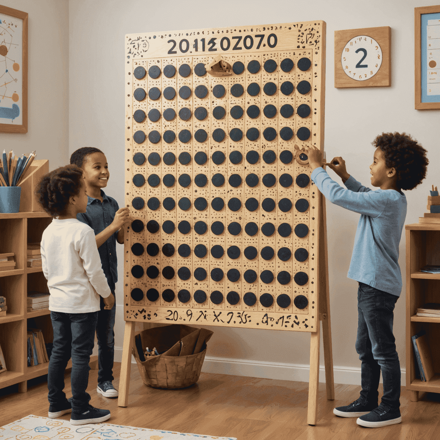 A classroom setting with children gathered around an educational Plinko board featuring numbers and mathematical symbols