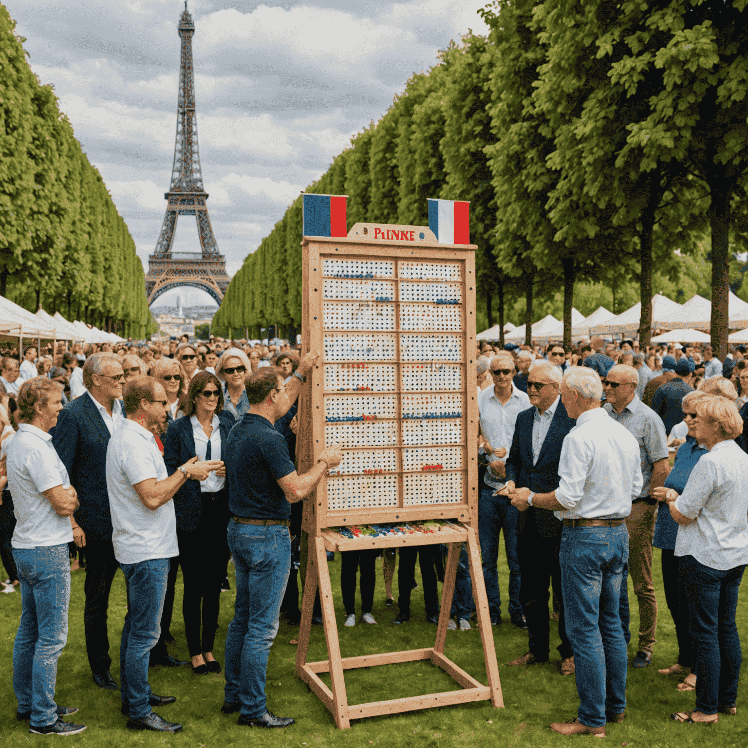 A scene of a Plinko tournament in France, with players and spectators around a Plinko board, French flags, and Eiffel Tower in the background.